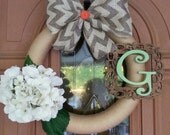 Yarn Wreath, Burlap, Chevron, Initial, Door Decor, Monogram Wreath, Birthday Gift, Wedding Gift, Spring and Summer Wreath, Door Hanger