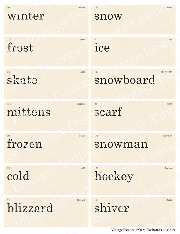 WINTER FLASHCARDS Vintage Style Digital Collage Sheet for Altered Art Mixed Media Scrapbooking