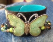 Black and Turquoise Butterfly Leather Beaded Handmade Cuff Bracelet for Women SUMMER FASHION