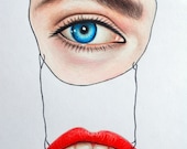 original drawing - EyE & MOUTH  By Ria - small coloured pencil drawing - fashion unique art