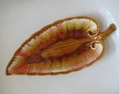 Vintage Gold and Red Drip Glazed Ceramic Leaf Serving Platter/Plate