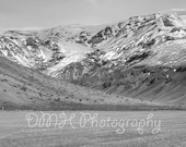 Digital photo of an icelandic snowy mountain landscape (B&W 11x14 in glossy print) Fine art photography.