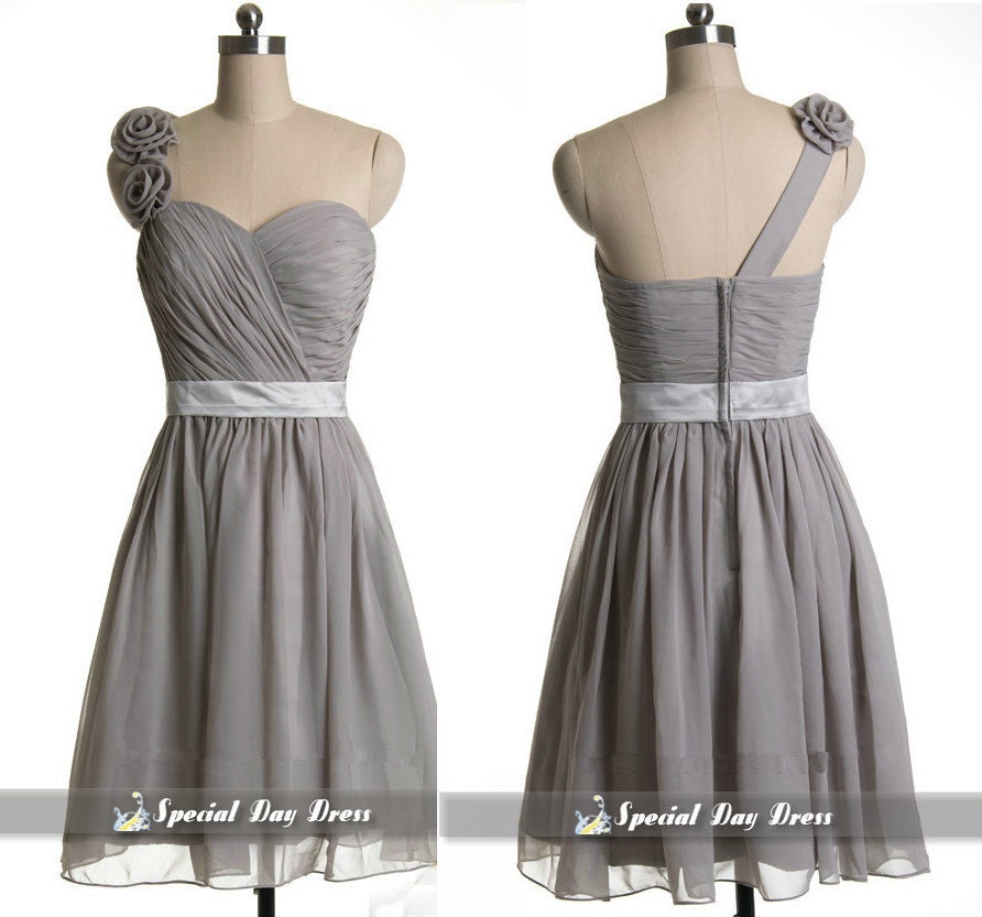 One shouder flower bridesmaid dresses, short chiffon prom dress, grey evening dresses, formal dress