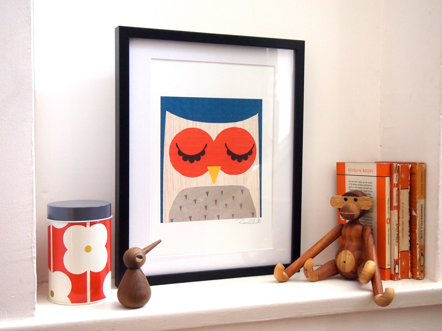 A4 'The Obstinate Owl'  retro- modern signed children's Illustration print by Rebecca Elliott