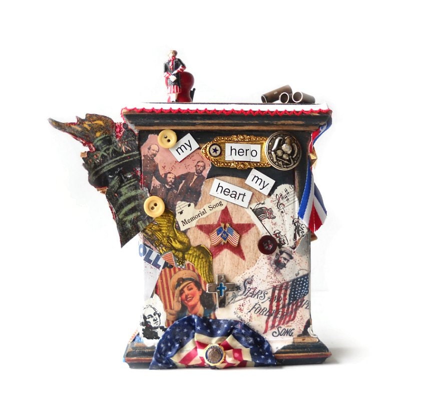 Patriotic Art Assemblage - Memorial Day Decoration -  Mixed Media Americana - Stars & Stripes - USA Flag