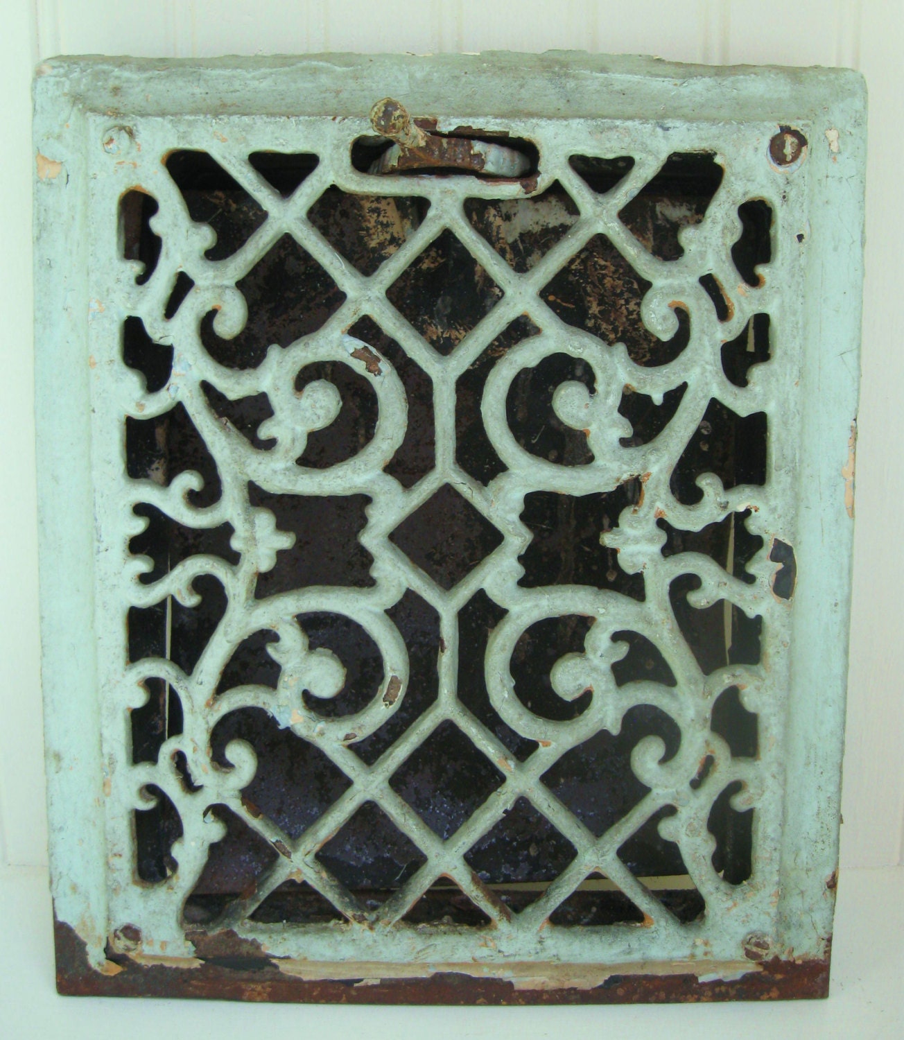 Antique Iron Grate Aqua Architectural Salvage Metal Ornate Victorian Floor Wall Heat Grate Display Home Decor