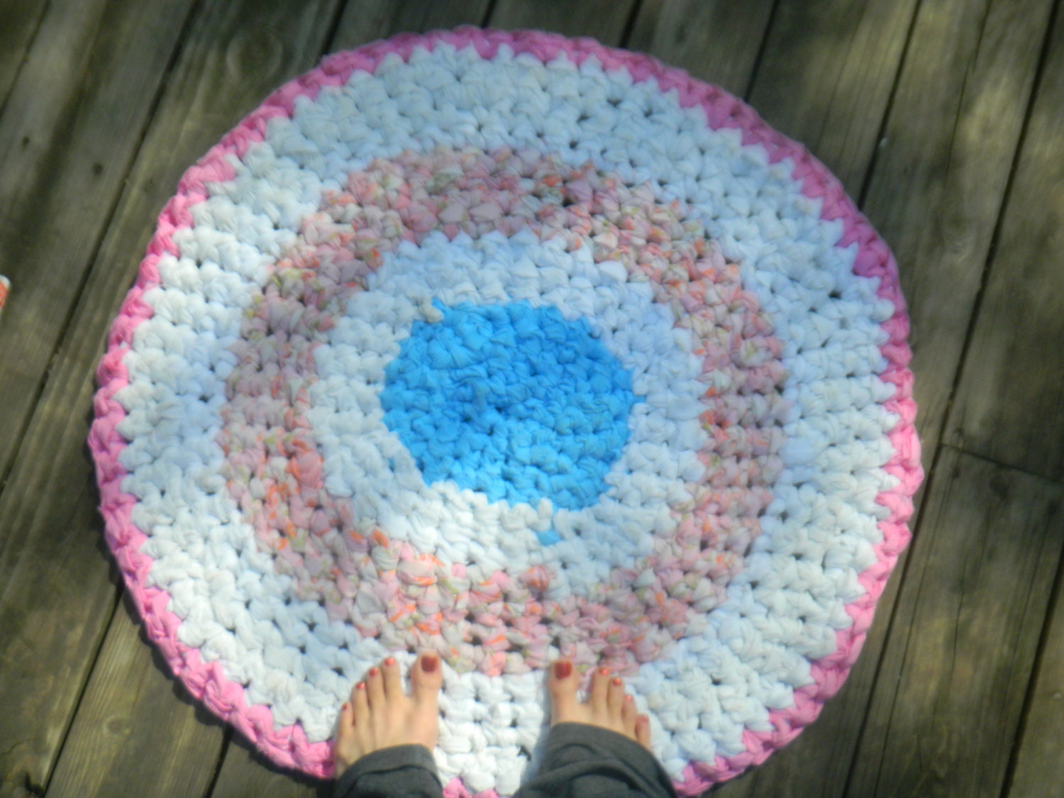 Clearance pink white and blue hand crochet rag rug