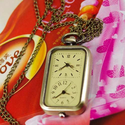 Antique Pocket Watch Necklace Bronze Pendant Dual Time With Chain wp226