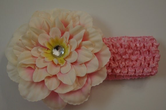 Pink Headband with Large Pink and Off White Fancy Flower