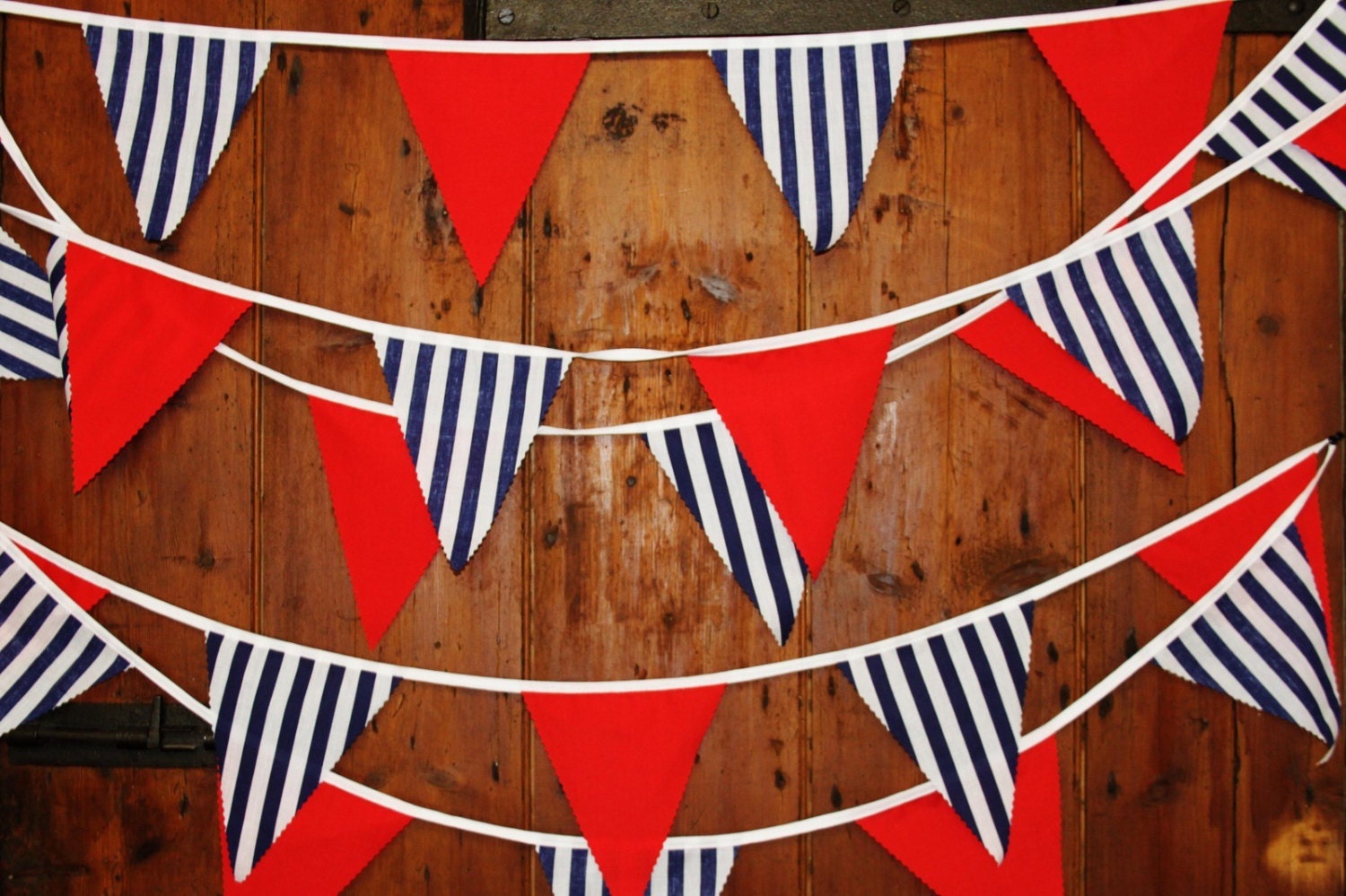10 meters super long fabric party bunting in nautical navy blue stripes and plain red flags