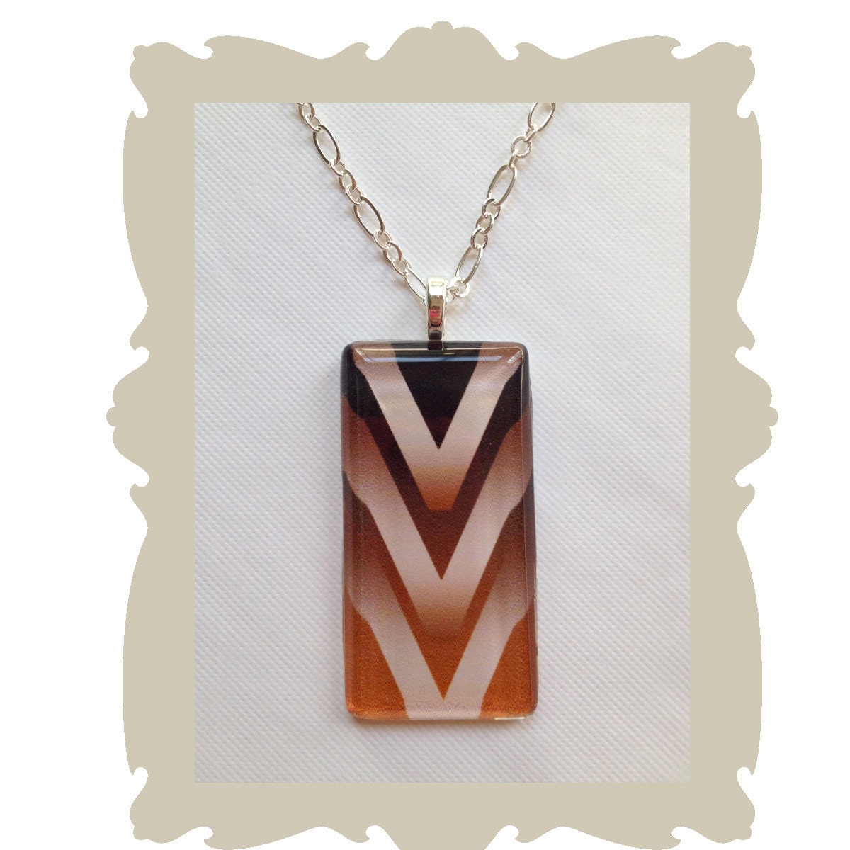 Glass Rectangular Chic Mod Fashion Geometric Pendant with silver chain necklace handmade jewelry with copper and rust tones