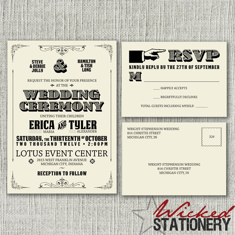 Vintage Poster Style Wedding Invitation and RSVP Postcard Set w/ Printable DIY option