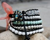 Beaded Leather Wrap Bracelet, Chan Luu Inspired, Czech Glass, Crystal, Turquoise, Pearl, Sterling Silver, Crystal Button, SOLD