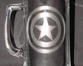 Captain America Shield Hand Etched on Beer Mug, Pint Drinking Glass, or Coffee Mug