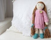 Sadie Doll Organic cotton hand knit stuffed toy doll for boy or girl removable clothing vintage leaf lace dress and maryjane shoes baby gift