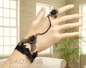 Adjustable Handmade Bracelet Black Lace Bracelet Black Resin Drill Bracelet Bronze Metal Ring Black Resin Drill Ring Delicate Jewelry WS73