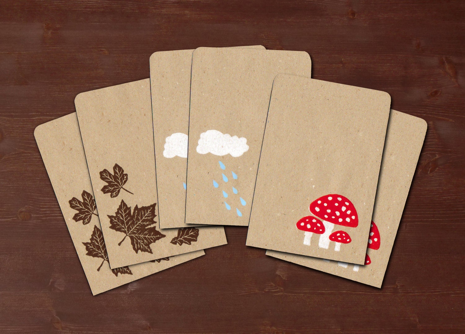 Autumn / fall - 6 handprinted and handmade gift bags / recycling paper