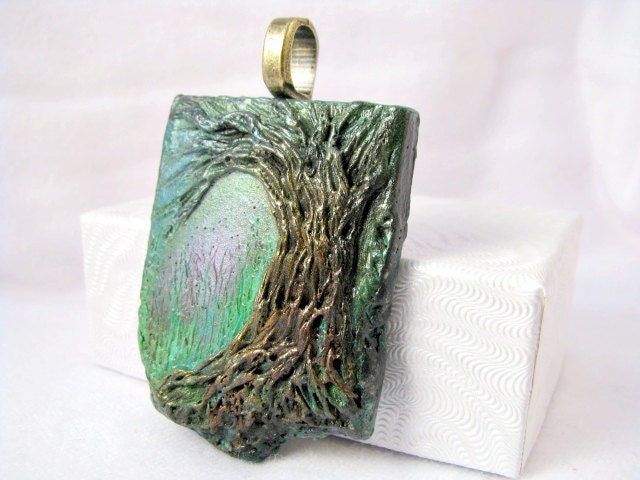 Sculpted Mixed Media Art Tile Tree Pendant Necklace Jewelry OOAK Polymer Clay - Dusk Glade - Green Bronze Antique Gold
