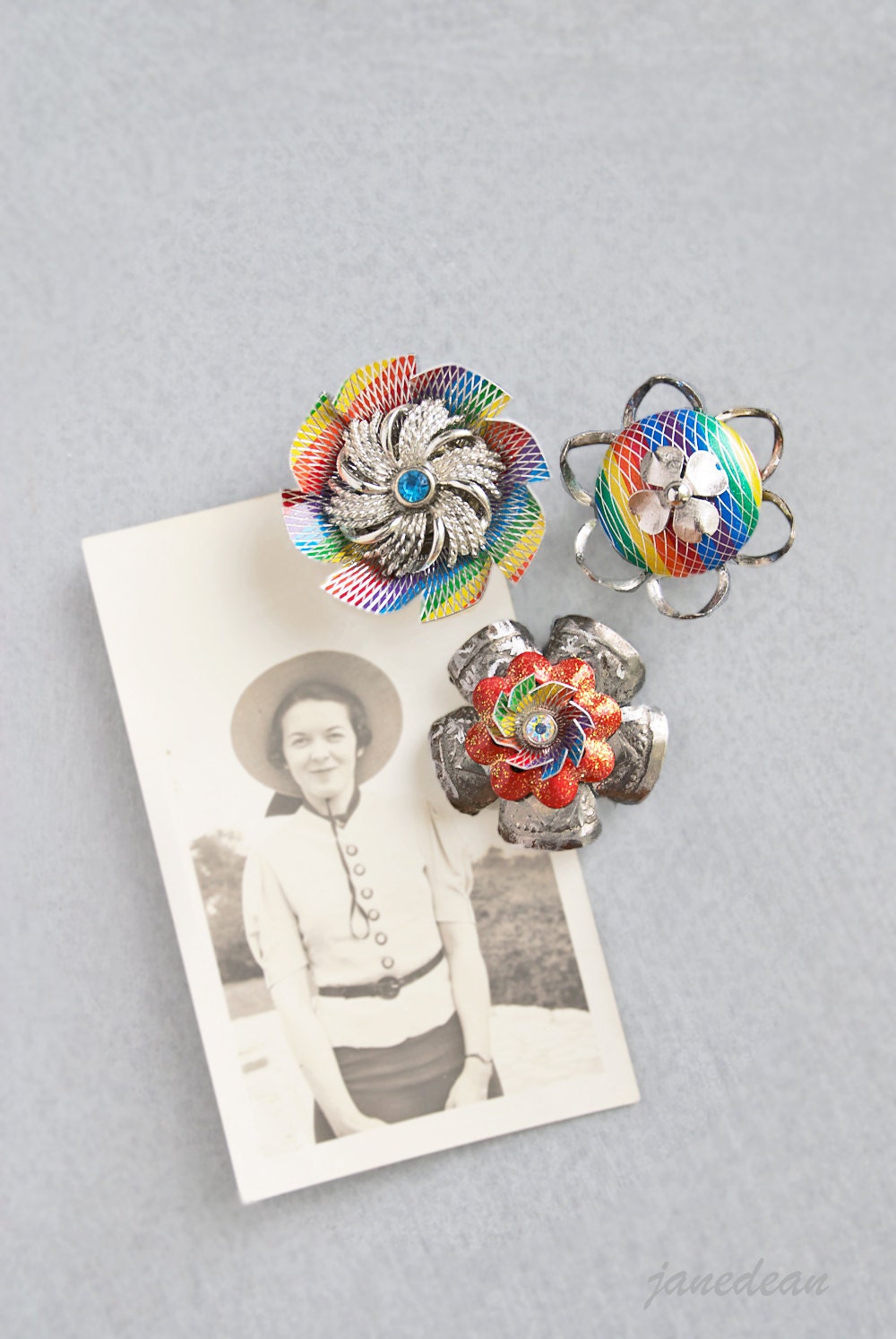 3 Rainbow Flower Fridge Magnets - recycled jewelry and junk with rhinestones