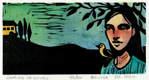Coming or Going Original Linocut Painted with Watercolor Framed Woman Bird Home