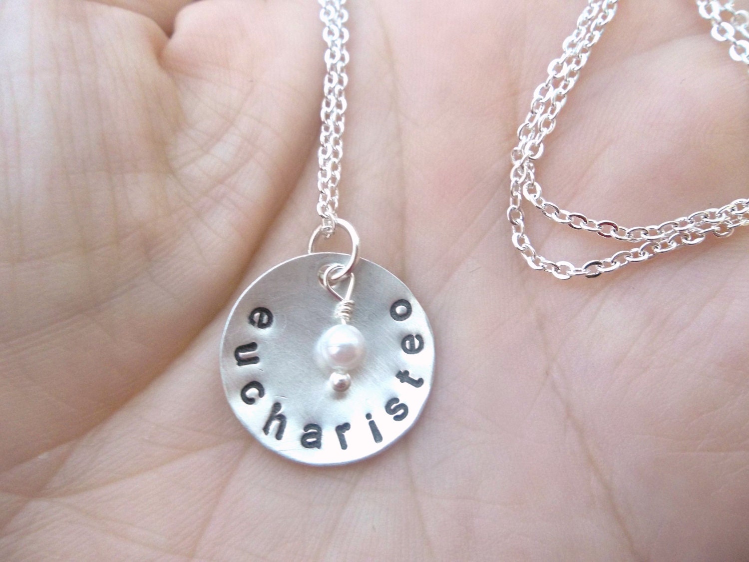 eucharisteo - Custom Hand Stamped Domed Sterling Silver Necklace with tiny vintage pearl - 3/4 inch disc
