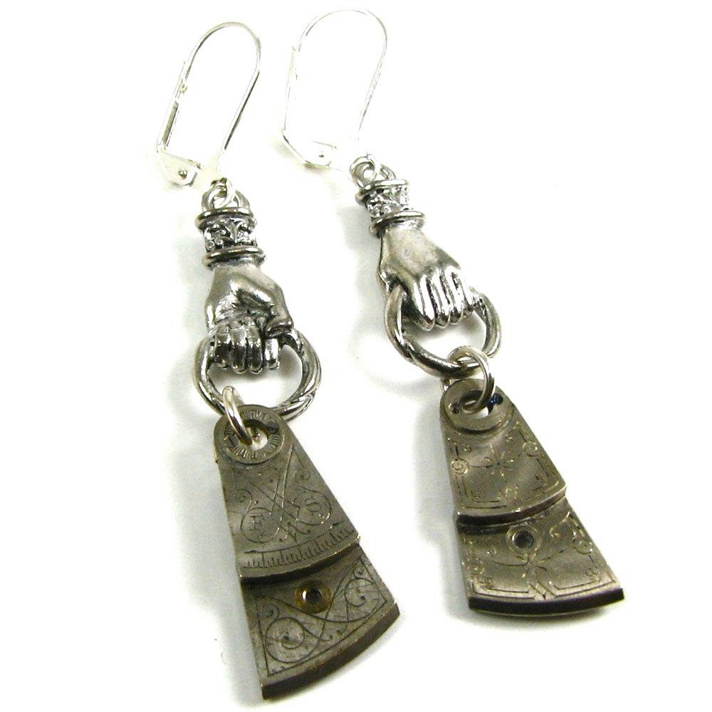 Steampunk Earrings with HANDS Holding Highly Detailed Pocket Watch Regulators in Silver by Nouveau Motley