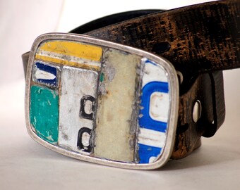 Industrial Giant Belt Buckle Vintage License Plate Metal Mosaic