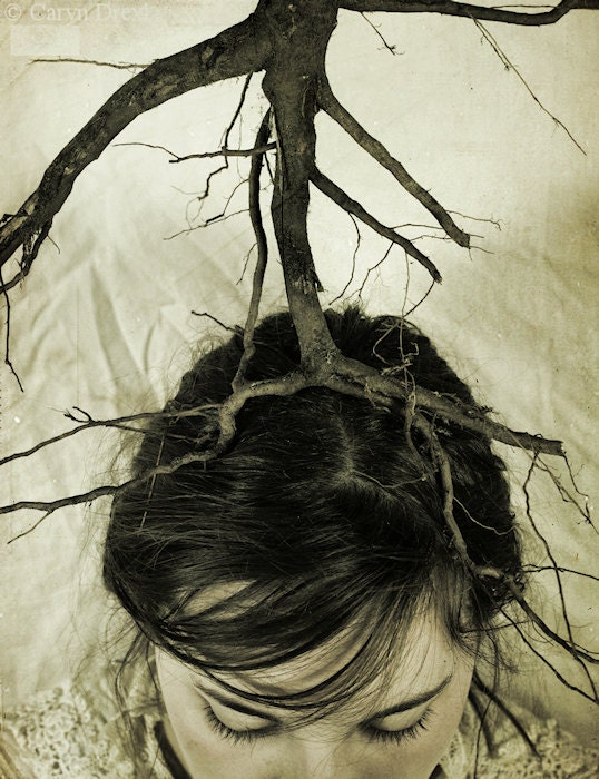 Deeply Rooted - FREE SHIPPING - Print Girl Dirty Tree Root Head Brown Yellow Cream Growing Eyes Branches  Photo Art
