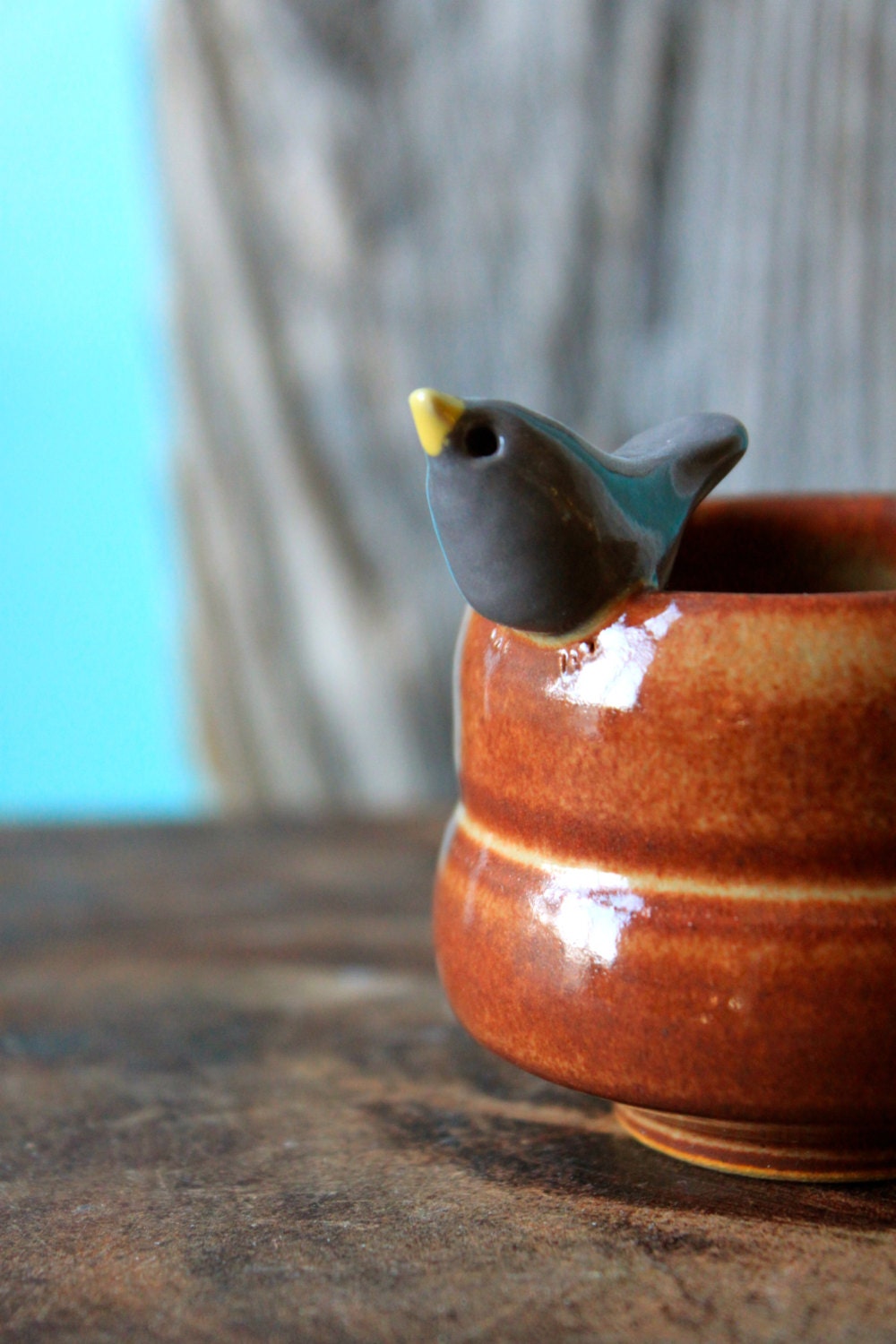 Sweet Little Gray Bird on a Tiny Shino Brown Bowl