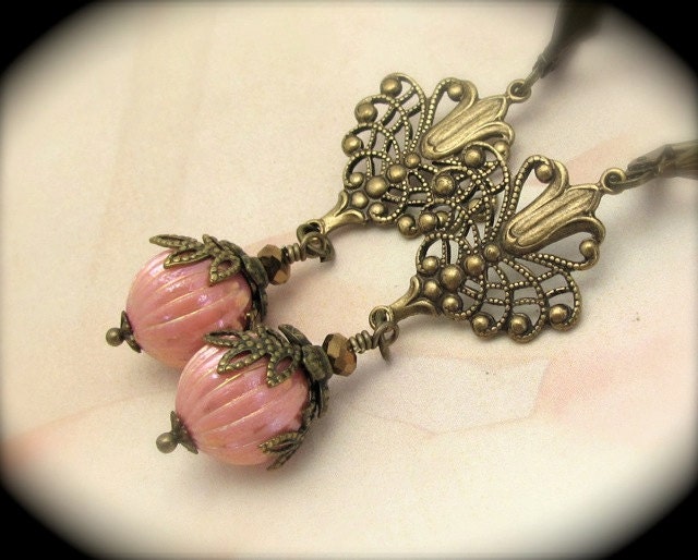 Rose Earrings Vintage Rose AB Lucite Ribbed Beads Antiqued Neo Victorian Dangle