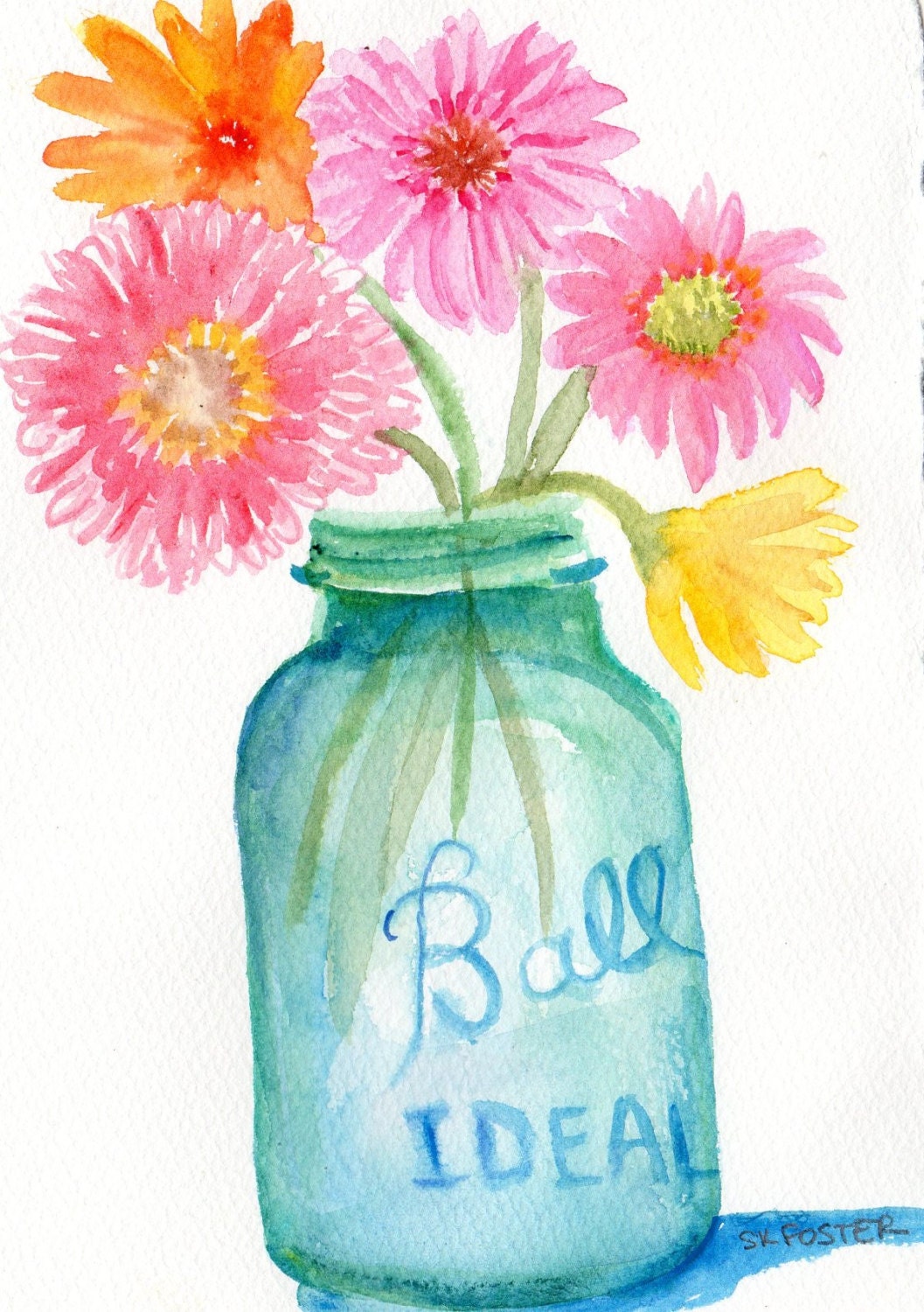 Gerbera Daisies in Aqua Canning Jar Watercolor Painting, 5 x 7, Original Still Life