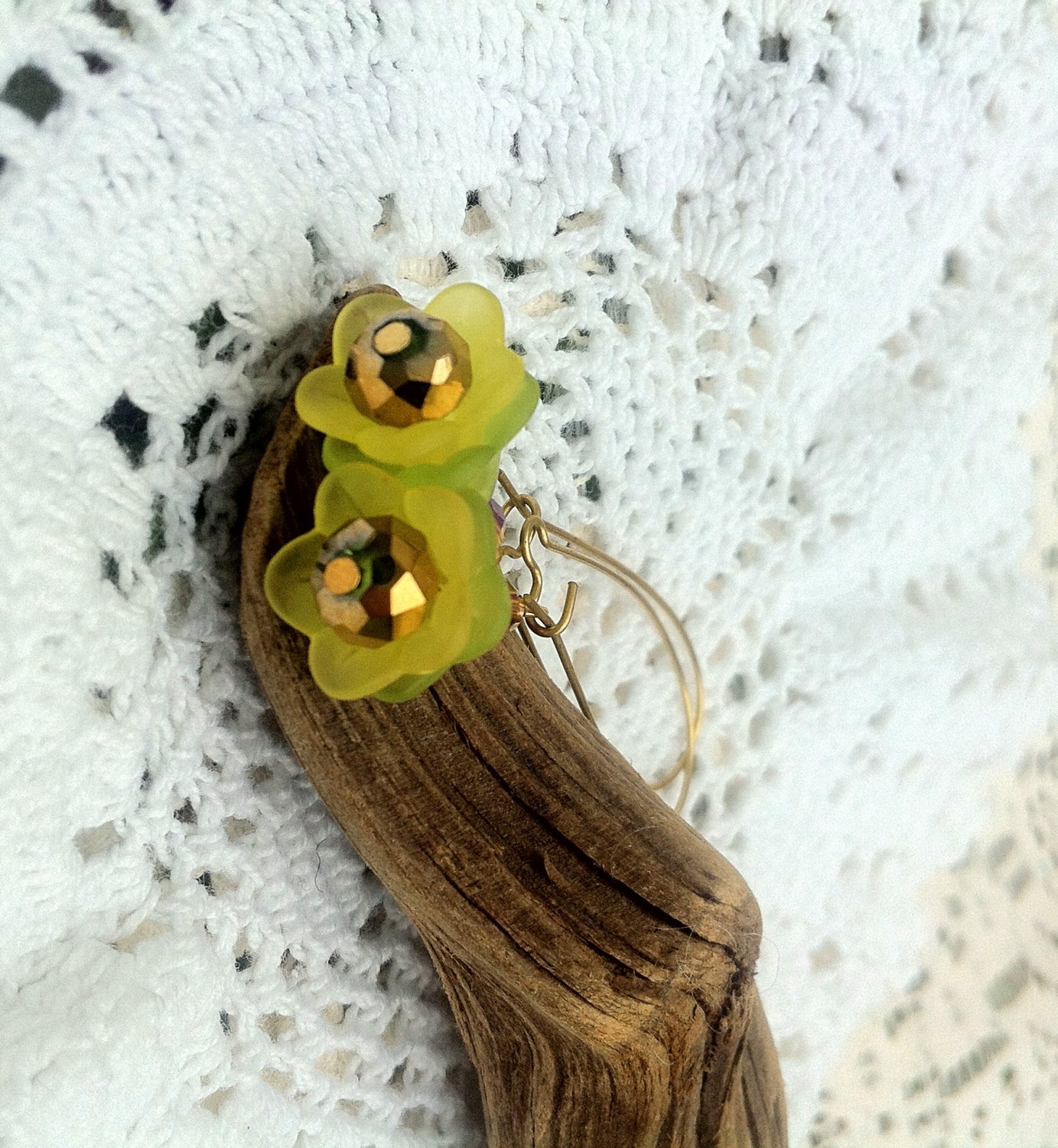Spring Into Green, romantic country dangle earrings in greens and gold. Garden, flowers, swaroski, retro, vintage, dainty (free shipping)