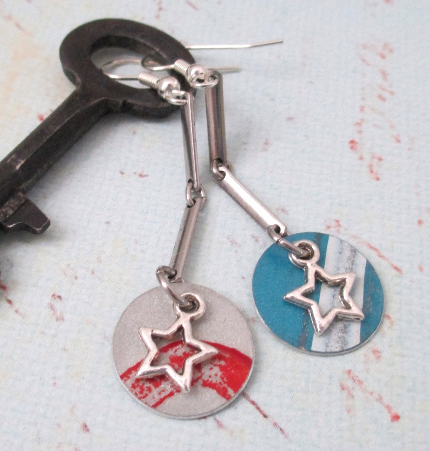 STARRY Eyed SCRAP Metal UPCYCLED Dangle Earrings with Vintage Silver Chain Red and Blue