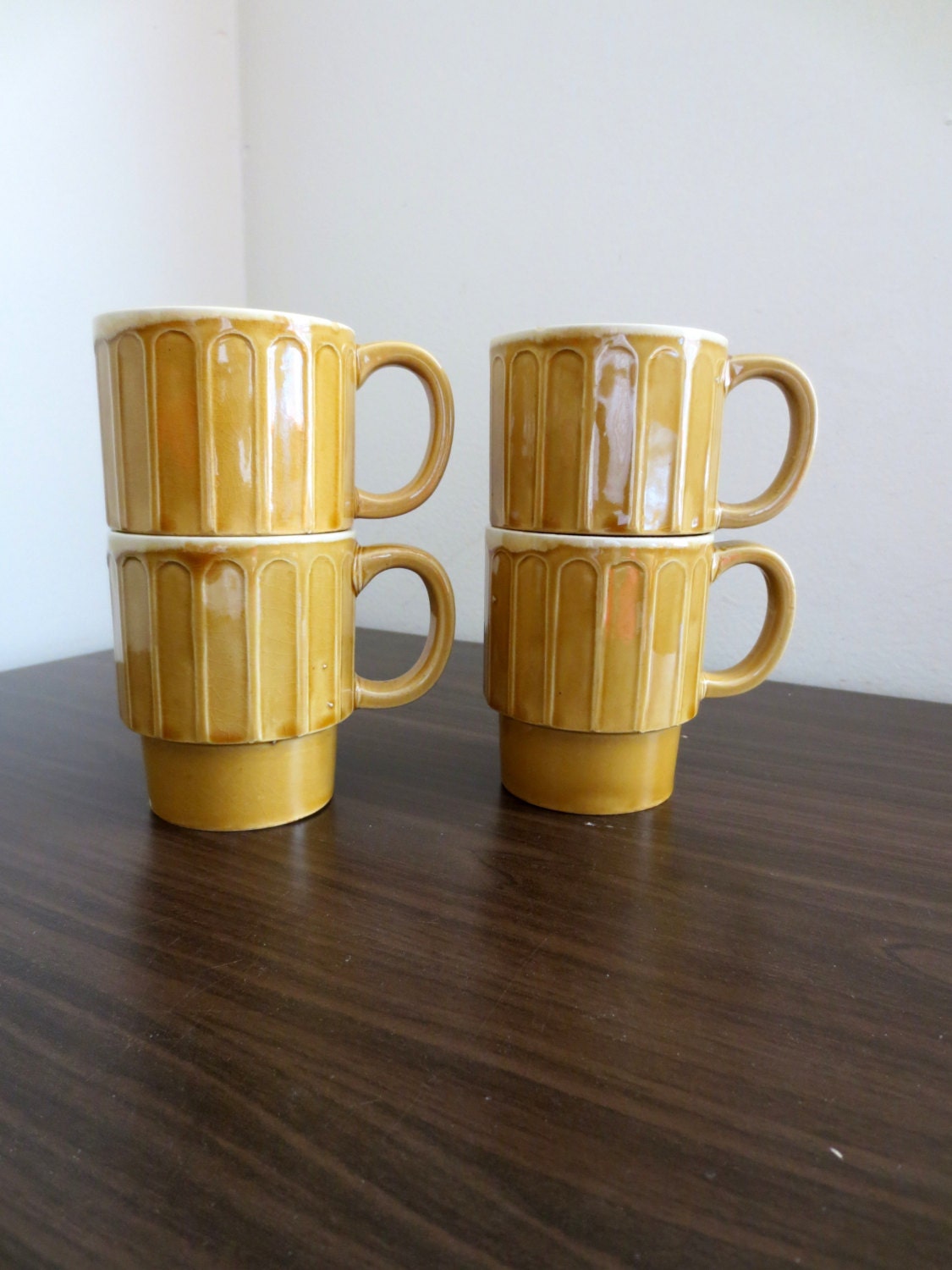 Set of Four Mid Century Golden Drip Glaze Stackable Mugs