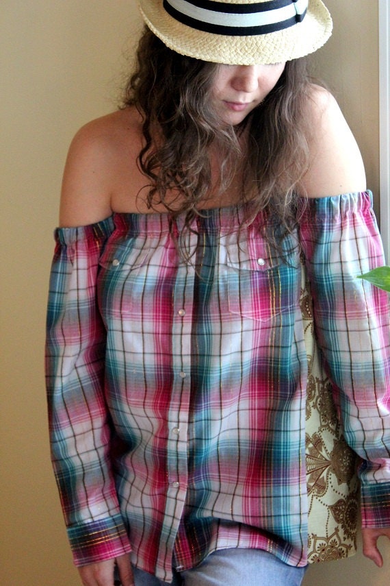 REVIVAL Upcycled Boho Top/Shirt, Off the Shoulder, Country Western Plaid, Small to Medium, Recycled, Repurposed, Eco Friendly Clothing