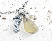 Sterling Silver Anklet - Sea Glass Jewelry - Yellow Seahorse Charm
