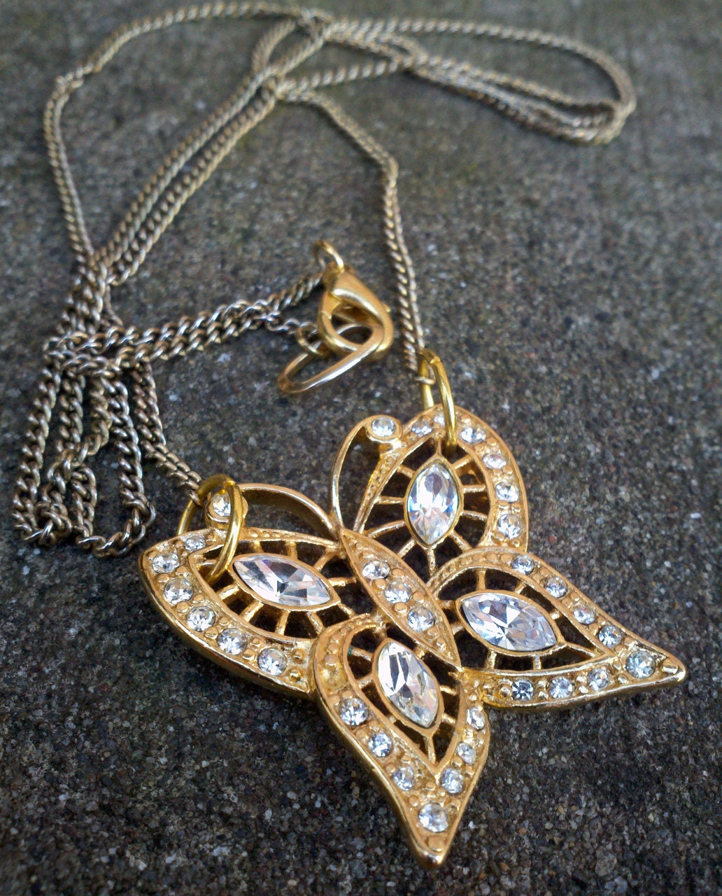 Dancing Winds - Vintage gold Crystal butterfly pendant necklace