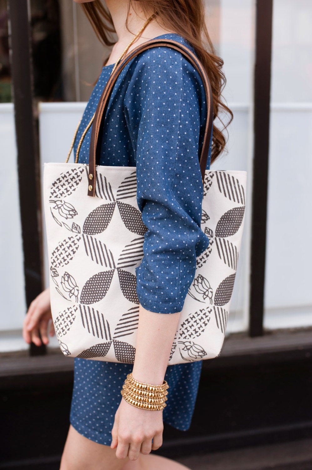 Double Wedding Ring Tote Bag in Charcoal, Hand Printed Canvas, Leather Straps