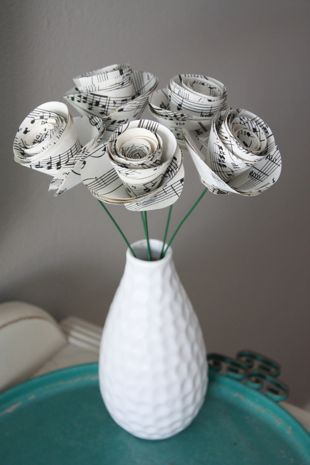 large paper rose flowers. repurposed sheet music.  set of 5