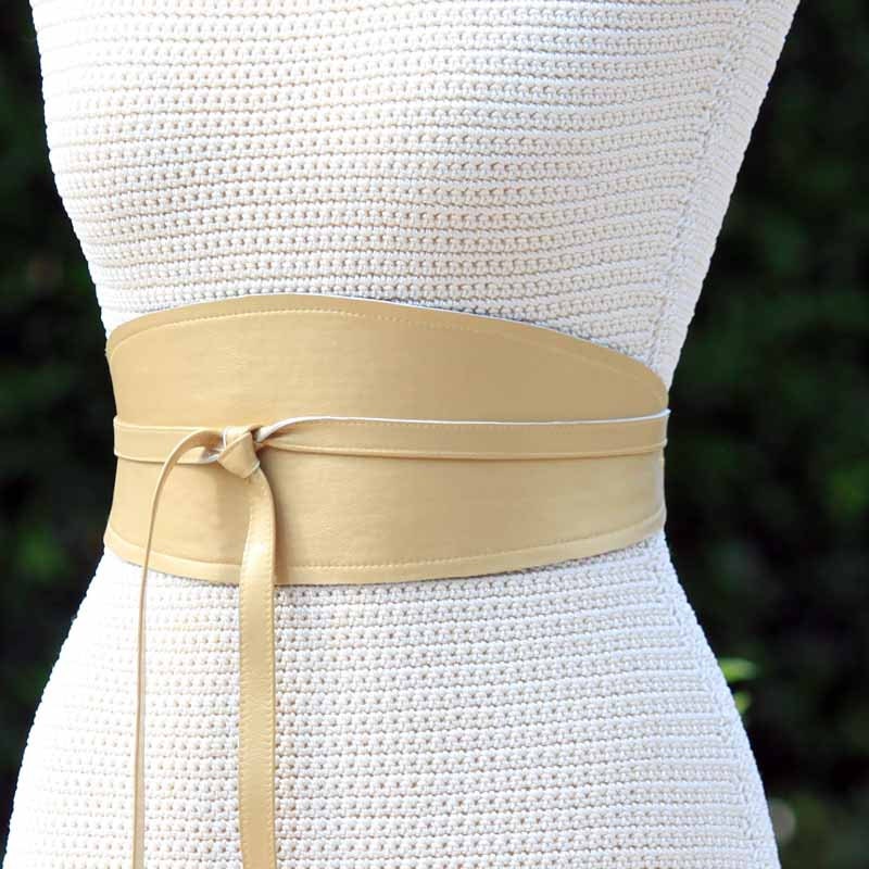 REVERSIBLE Golden Leather belt obi wrap sash corset - Gold Pearl lambskin - size XS S M L - with choice of fabric pattern