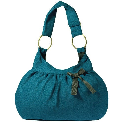 Teal blue wool fabric tote bag with Grey gros-grain ribbon Fall winter handbag adjustable strap Handmade