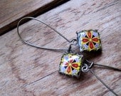 Dangle earrings, Mexican tile, Talavera pottery design jewelry, Mexican folk art drop earrings, Native American, Tribal, traditional