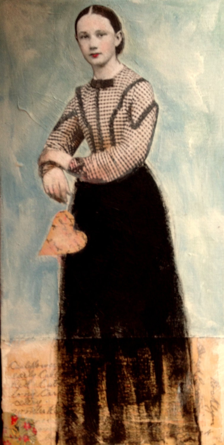 studio sale Desiree long tall original vintage inspired mixed media portrait painting