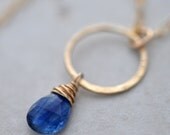 Blue Kyanite Wire Wrapped Gemstone Circle Necklace in 14K Gold Fill - Blue Gemstone Jewelry
