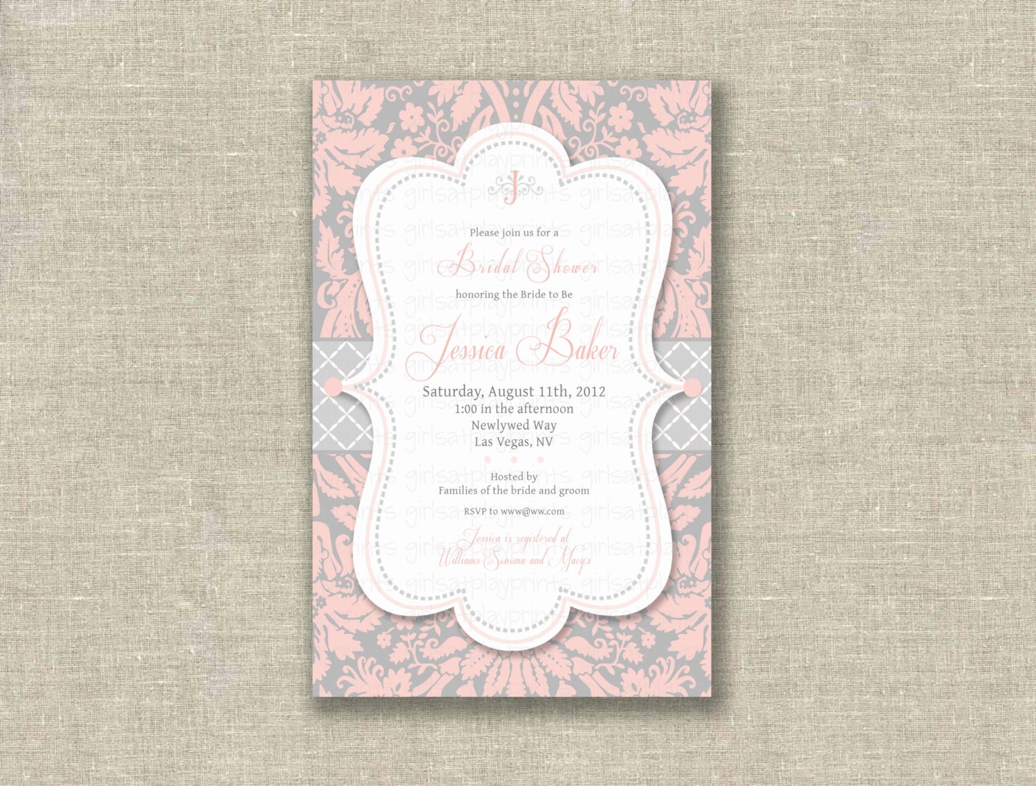 Elegant Bridal Shower Invitation French Peach Gray Damask -Printable -by girlsatplay Etsy girls at play Il_570xn