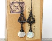 Moonstone and black brass Art Deco style earrings