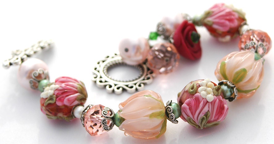 Vintage Rose Lampwork Bracelet, Pink, Peach Tulips, Burgundy Roses, Pearls