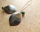 Long Dangle Earrings Silver Gunmetal Tribal Shield with Brass Filigree detail Charms and Jade Green Beads