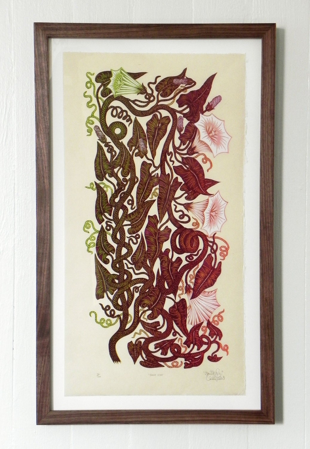 SNAKE VINE Woodcut Print, Woodblock Print (Archivally Framed in Natural Walnut)