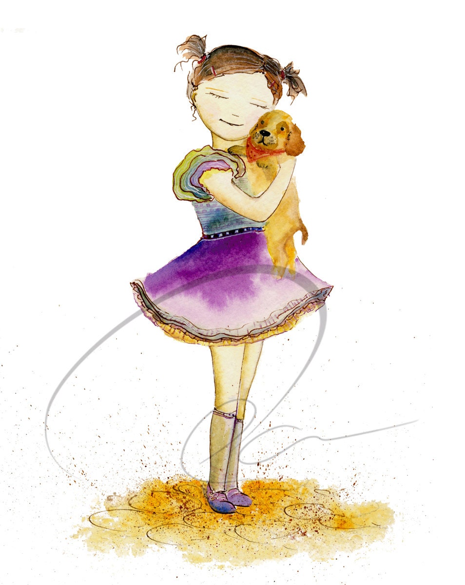 Puppy  Love - art print cute girls room little girl dog hug dream wish purple nursery wall decor watercolor painting Oladesign 8x10